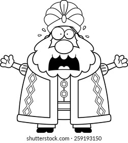 A cartoon illustration of a sultan looking scared.