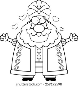 A cartoon illustration of a sultan ready to give a hug.
