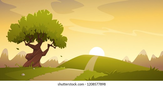 Cartoon illustration of the summer countryside landscape. Sunset in the valley with mountain in background. 