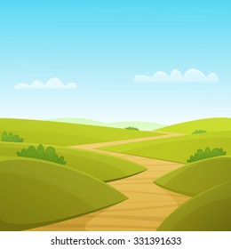 The cartoon illustration of the summer landscape with country road.