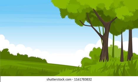 Cartoon illustration of summer landscape with fields and green hills 