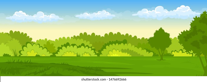Cartoon illustration of summer landscape with fields and green hills