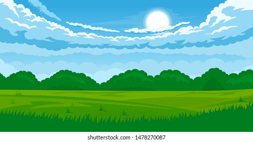 Cartoon illustration of summer landscape with fields and green hills