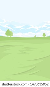 Cartoon illustration of summer landscape with fields and green hills