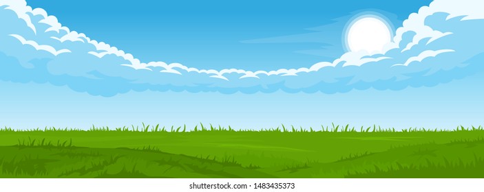 Cartoon illustration of summer landscape with fields and green hills