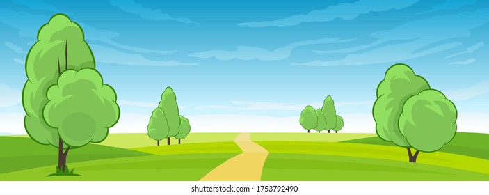 Cartoon illustration of summer landscape with fields and green hills