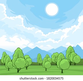 Dibujo de dibujos animados del paisaje estival con árboles planos