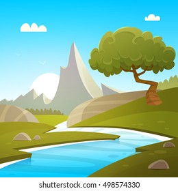 Cartoon illustration of summer landscape with river and mountain in background.d