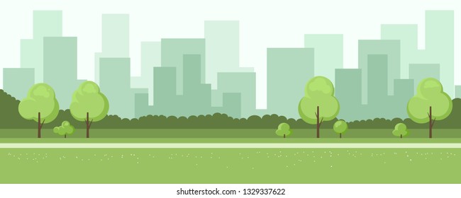 Cartoon illustration of the summer landscape with trees and city