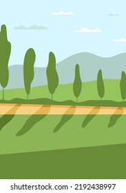 The cartoon illustration summer landscape.Lovely rural nature.Rural road.Vector flat illustration.