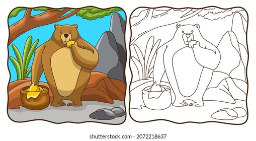 cartoon illustration sun bear eating honey coloring book or page for kids