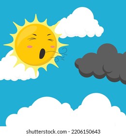 cartoon illustration of the sun blowing the clouds vector illustration EPS10