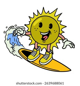 Cartoon Illustration of Sun Character Surfing