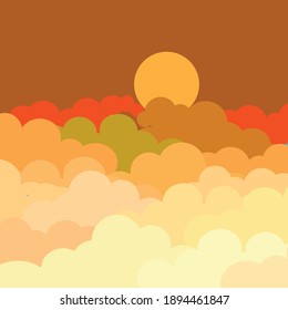 cartoon illustration of sun, cloud and sky, orange background
