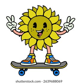 Cartoon Illustration of Sun Flower Character Skating