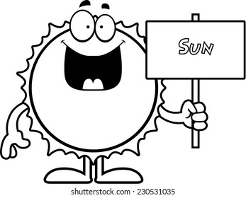 A cartoon illustration of the Sun holding a sign.