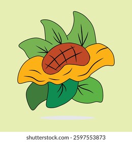 Cartoon Illustration of a Sunflower with Green Leaves on a Light Background