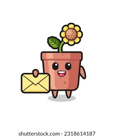 cartoon illustration of sunflower pot holding a yellow letter , cute style design for t shirt, sticker, logo element