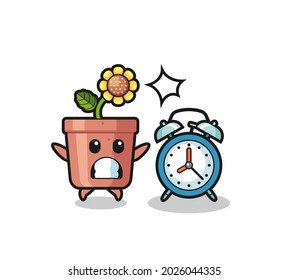 Cartoon Illustration of sunflower pot is surprised with a giant alarm clock , cute style design for t shirt, sticker, logo element