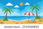 A cartoon illustration of a sunny beach scene with palm trees, a beach chair, an umbrella, blue sky with clouds, and a sandy beach next to a wavy ocean.