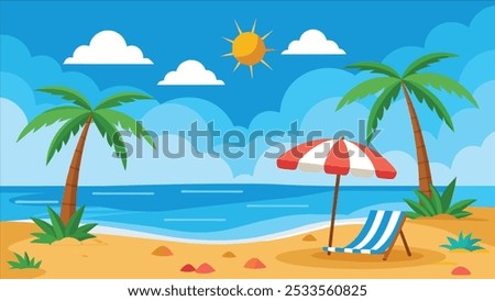 A cartoon illustration of a sunny beach scene with palm trees, a beach chair, an umbrella, blue sky with clouds, and a sandy beach next to a wavy ocean.