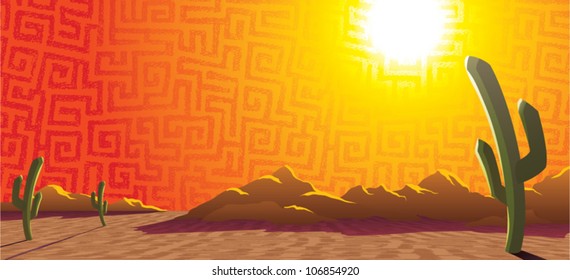 Cartoon illustration of a sunset in a desert landscape with mountains and saguaro cacti.