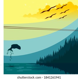 Cartoon illustration of the sunset landscape, with the fish and bird beautifull background