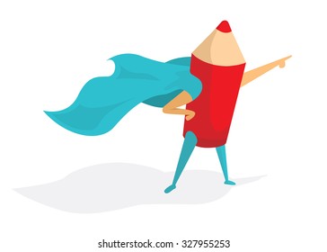 Cartoon illustration of super artist or pencil standing with hero cape