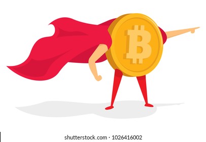 Cartoon illustration of super bitcoin hero saving the day