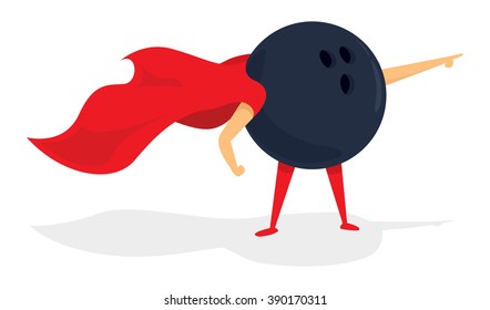 Cartoon illustration of super bowling ball hero with cape