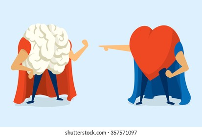 Cartoon illustration of super hero battle between brain and heart