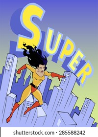 Cartoon illustration of a super hero, a beautiful and strong girl, flying above the modern city