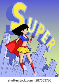 Cartoon illustration of a super hero, a beautiful elegant girl, levitating above the modern city