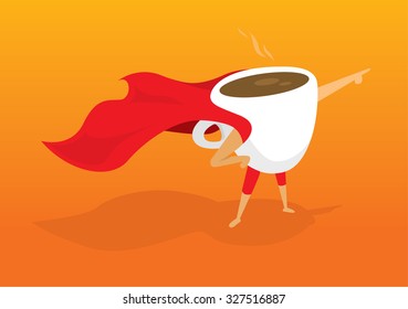 Cartoon illustration of super hero coffee pointing at sunrise breakfast