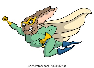 Cartoon illustration of a super hero dog flying with his cape and mask