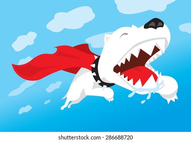 Cartoon illustration of a super hero dog flying over the sky