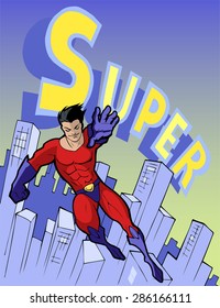 Cartoon illustration of a super hero, a handsome man in a bright red and blue costume, flying above the modern city