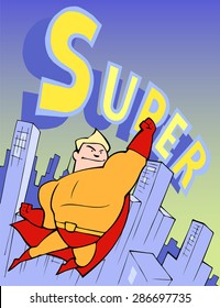Cartoon illustration of a super hero, a handsome man in a bright costume, flying above the modern city
