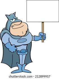 Cartoon illustration of a super hero holding a sign.