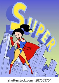 Cartoon illustration of a super hero, a strong girl, flying above the modern city