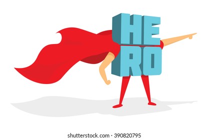 Cartoon illustration of super hero word with cape