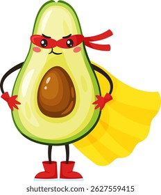 Cartoon illustration of a superhero avocado wearing a mask, cape, gloves and boots, standing confidently with hands on hips, ready to save the day