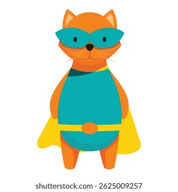 Ilustração de desenho animado de gato super-herói usando máscara e capa de pé orgulhosamente