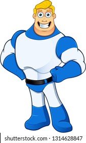A cartoon illustration of a Superhero character dressed in a White & Blue superhero costume.