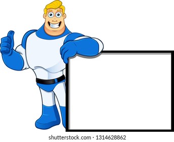 A cartoon illustration of a Superhero character dressed in a White & Blue superhero costume.