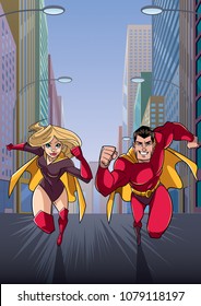 Cartoon Illustration Of Superhero Couple Running Fast Through A City Street.