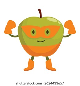 Cartoon illustration of a superhero green apple wearing an orange mask and boots flexing its muscles, promoting healthy eating habits