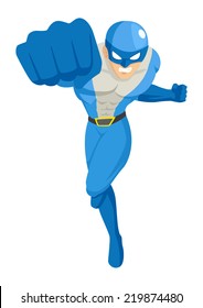 Cartoon illustration of a superhero punching through