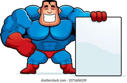 A cartoon illustration of a superhero with a sign.