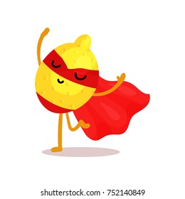 Cartoon illustration of superhero yellow lemon in classic comics costume, red cape and mask